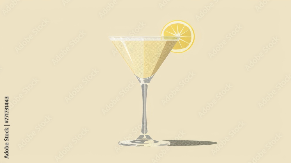 A painting depicts a martini glass with a lemon slice and wedge on the rim A painting depicts a martini glass with a lemon slice and wedge on the rim