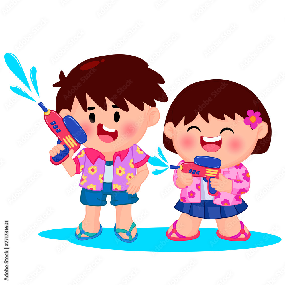 Cute little children playing with water gun on Songkran day Cute little children playing with water gun on Songkran day