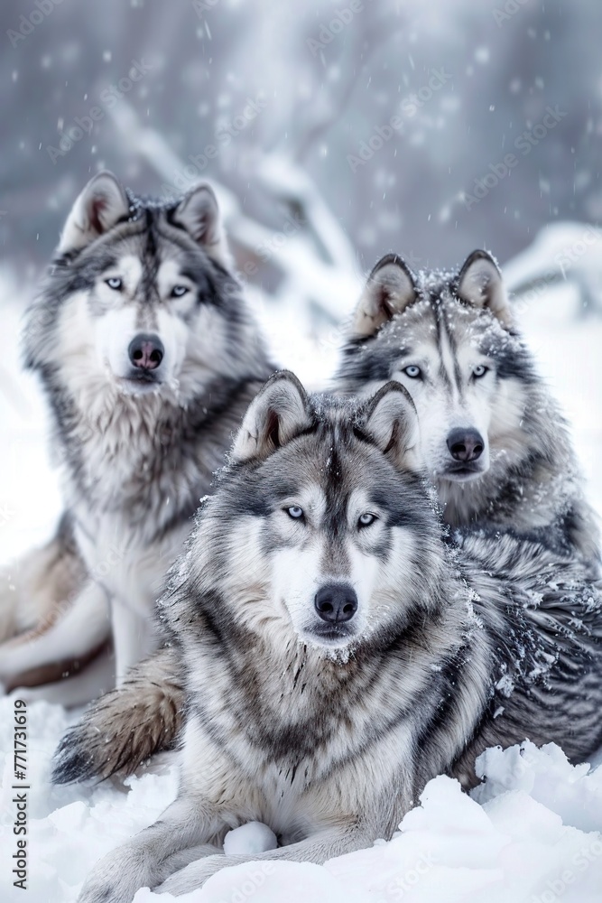 Two Husky Dogs Running Through Snow Two Husky Dogs Running Through Snow