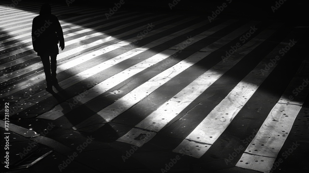A monochromatic image of an individual standing atop a crossroad, bathed in sunlight A monochromatic image of an individual standing atop a crossroad, bathed in sunlight
