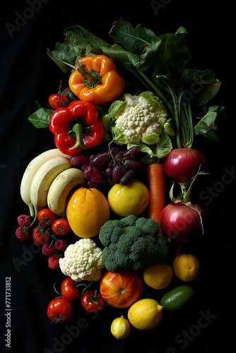 Assorted Fruits and Vegetables on Black Background