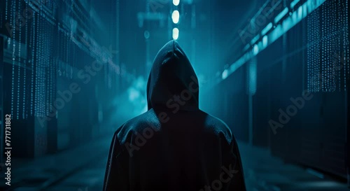 Cyber criminal in a desolate warehouse utilizing malware to breach passwords. Concept Cyber Crime, Malware Attack,
 photo