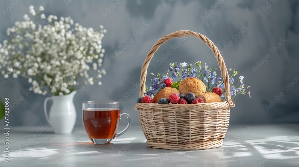  A basket of fresh fruit, a steaming cup of tea, and a bouquet of baby's breath on the table