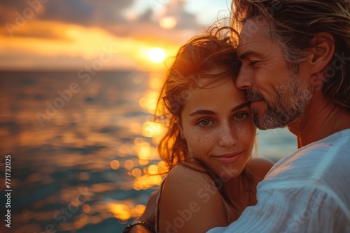 Romantic couple embracing as they watch a stunning sunset by the ocean, evoking love and intimacy © Larisa AI