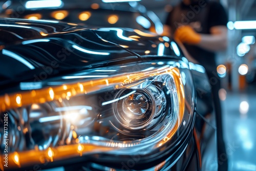 Close-up of the headlights of a car being polished to remove dust, car headlights polish service, car headlights cleaning, car cleaning service, car washing, car light cleaning, automobile detailing  photo