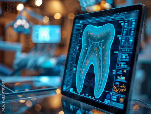 Wallpaper Mural 3D tooth hologram floating on top of an iPad with dental tech data graphs and AI touch screen elements.2 Torontodigital.ca