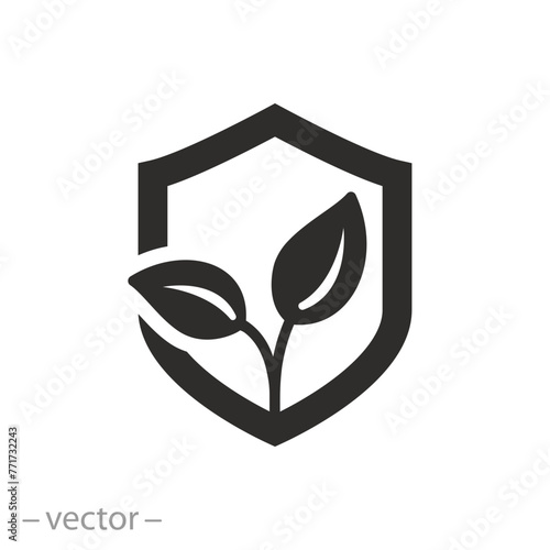save environment or ecology icon, shield with leafs, bio protect, flat symbol on white background - vector illustration