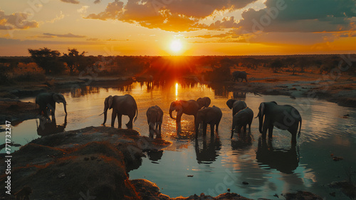 A group of African elephants gathered at a large watering hole in the setting sun. 