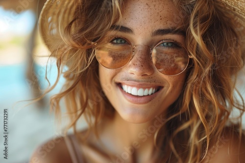 Engaging close-up of a smiling woman with freckles wearing sunglasses and a straw hat