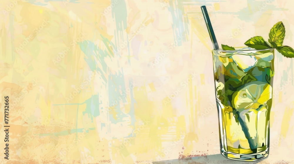  A mojito drink with straw, mint in yellow-background painting - obrazy, fototapety, plakaty 