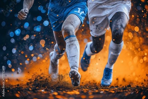 Soccer players in white and blue in fierce contest, their swift legs kicking up a fiery trail of particles on the field. Competitors stride through an orange-hued, legs stirring up a storm of sparks photo