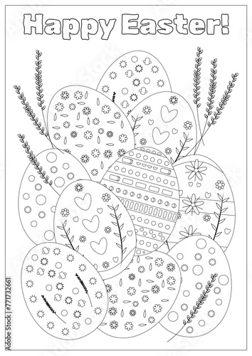 Vector beautiful easter coloring card with easter set of eggs