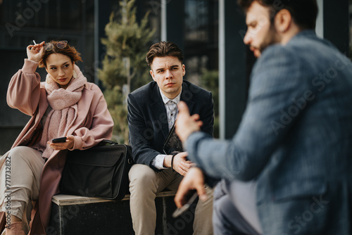 A focused group of young business colleagues brainstorming together outside, intensely strategizing for their startup's profitability and success.