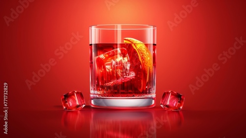  A glass of soda with ice cubes and an orange slice on a red background with ice cube reflections, properly positioned