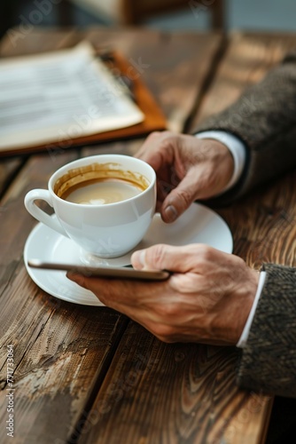 Person Holding Tablet Next to Coffee Cup