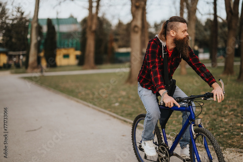A bearded man wearing a plaid shirt is leisurely cycling through a serene park, embodying relaxation and a healthy lifestyle.