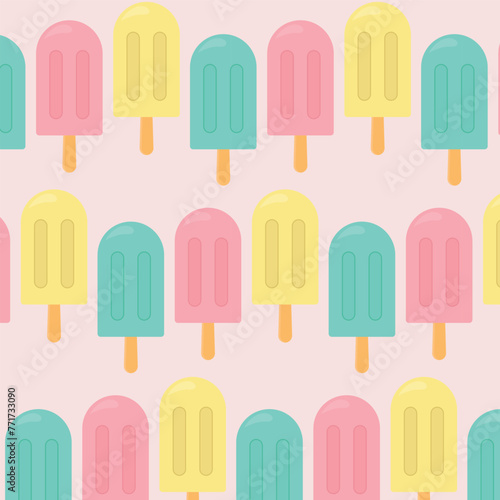  Seamless popsicle background on a pink background. Multi-colored ice cream. Vector illustration.