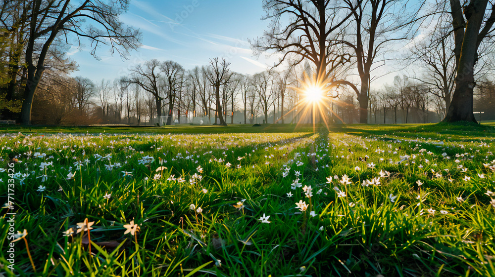 Fototapeta premium A spring field with green grass and the first flowers breaking through, with the sun's rays warming the earth, depicting the warming effect and change of season. 