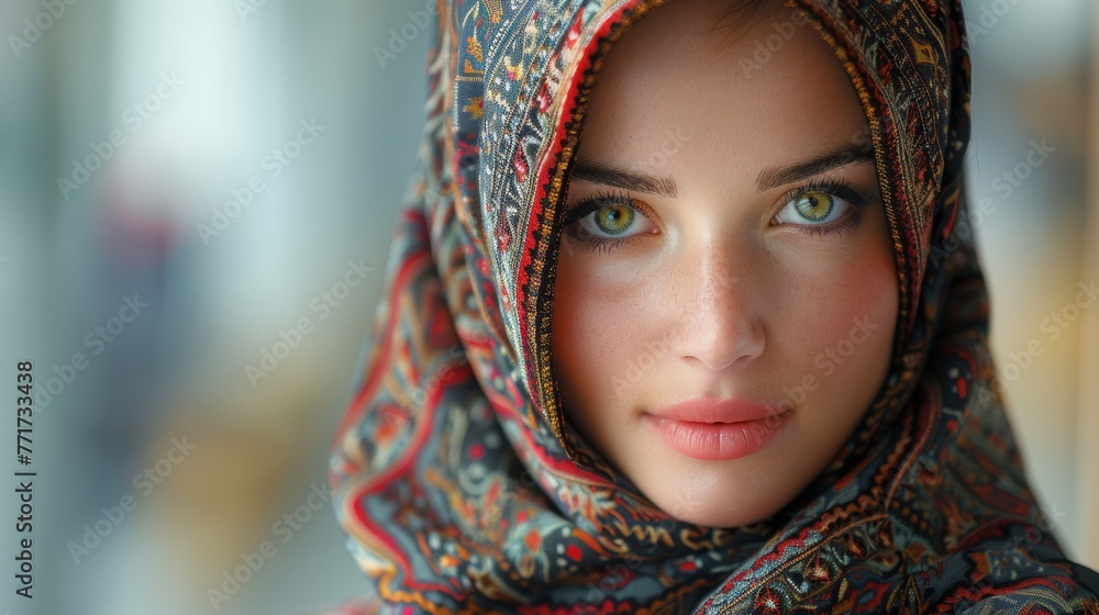 A woman with a headscarf on her face and another on top of her head in close up A woman with a headscarf on her face and another on top of her head in close up