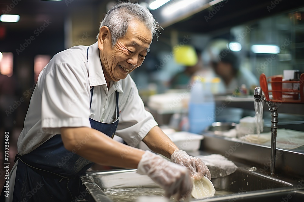 Older asian man washing dishes in a restaurant kitchen.