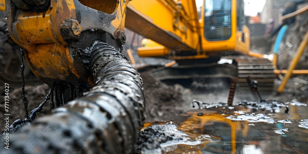 Leaking hydraulic hose on an excavator at a construction site causing