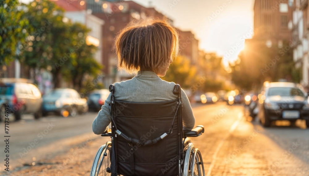 A woman in a wheelchair is sitting on the street A woman in a wheelchair is sitting on the street