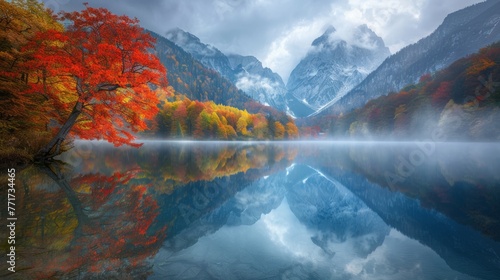  A lake with misty skies, mountain ranges surrounding it, and trees in front © Anna