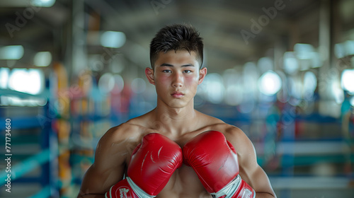 Portrait of asian teenage boy wearing red boxing gloves looking at camera