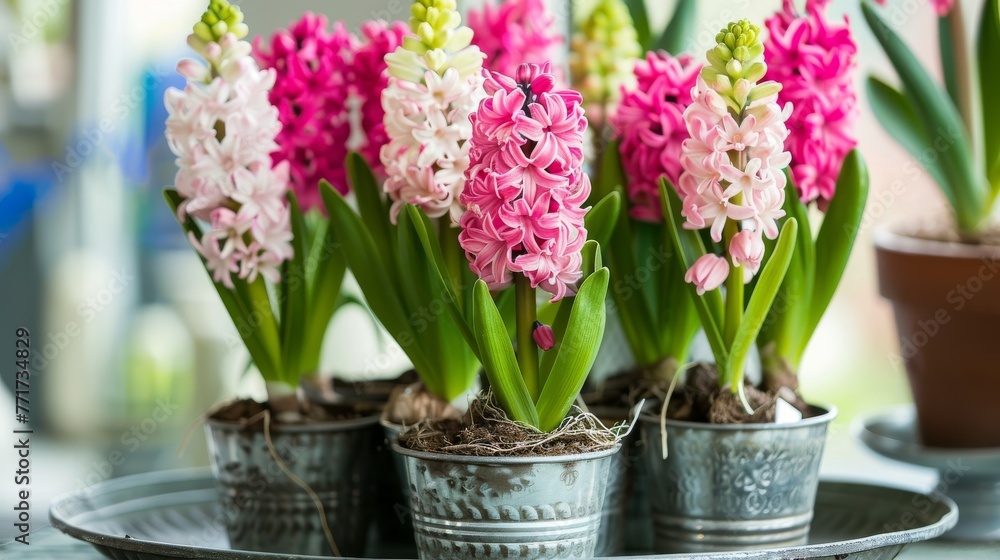 A collection of pink and white blossoms arranged in miniature pots on a serving dish beside a greenhouse plant on a wooden table A collection of pink and white blossoms arranged in miniature pots on a serving dish beside a greenhouse plant on a wooden table