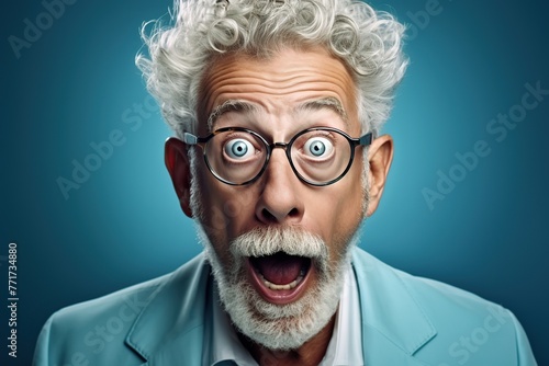 Senior man with surprised face on blue background.