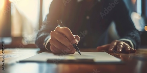 Person Writing on Paper at Table photo