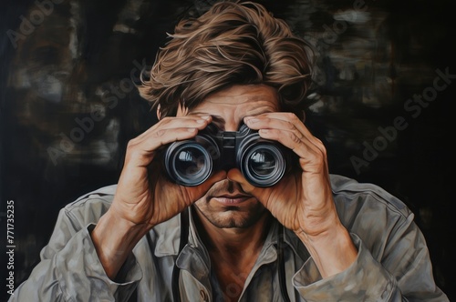 Determined Man carefully look binoculars. Careful spy discover handsome male. Generate Ai