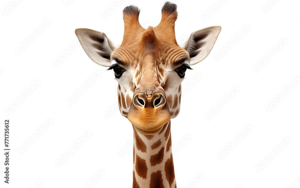 A close-up view of a majestic giraffe, with its unique, spotted face, set against a clean white backdrop