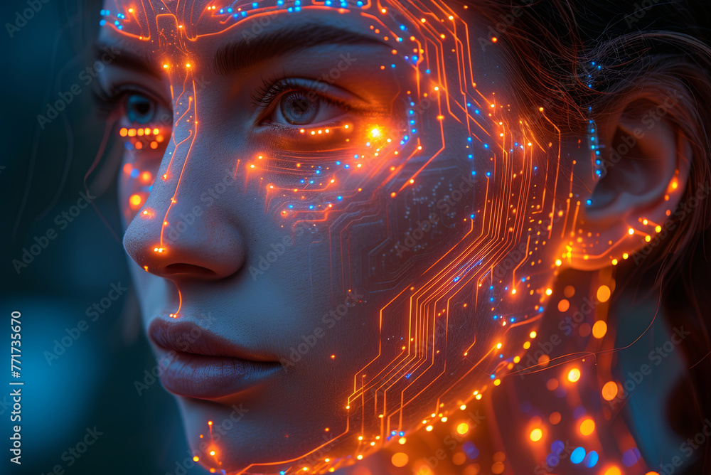 Woman's face is covered in glowing, colorful lines and dots. The image is a work of art, with a futuristic and otherworldly feel Woman's face is covered in glowing, colorful lines and dots. The image is a work of art, with a futuristic and otherworldly feel