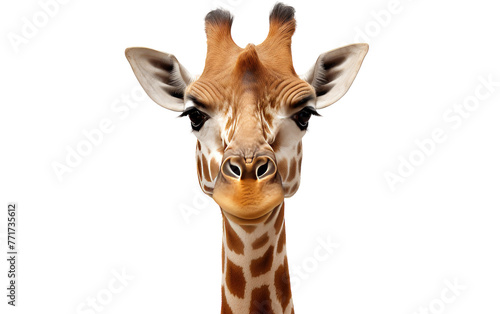 A close-up view of a majestic giraffe, with its unique, spotted face, set against a clean white backdrop