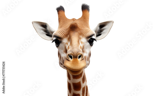 A close-up of a giraffes gentle face against a soft white background