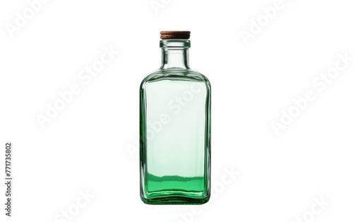 A green glass bottle with a wooden stopper sits on a table