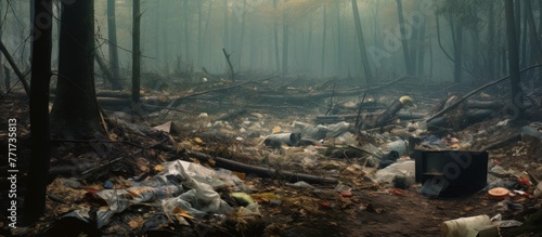 Among the lush landscape, a disturbing sight a heap of trash in the heart of the forest. The contrast between nature and waste is stark