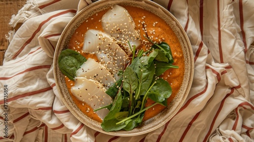  A bowl of soup with green spinach and pink scallops on a red-striped cloth in profile