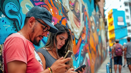Young latin young people, standing next to a wall with graffiti, while checking her cell phone.