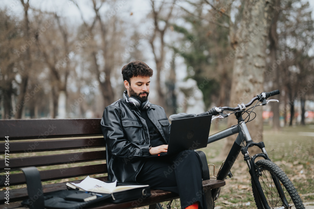 Stylish male entrepreneur using laptop while seated on a park bench beside his bicycle, embodying remote work in a natural urban setting.
