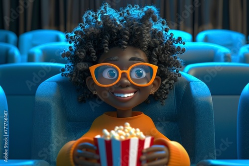 Child Wearing Glasses Eating Popcorn in Movie Theater, illustration cartoon