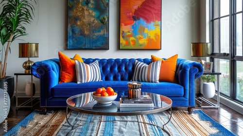 A chic living room featuring a striking blue sofa adorned with striped pillows, positioned perfectly under a collection of bold, modern paintings.