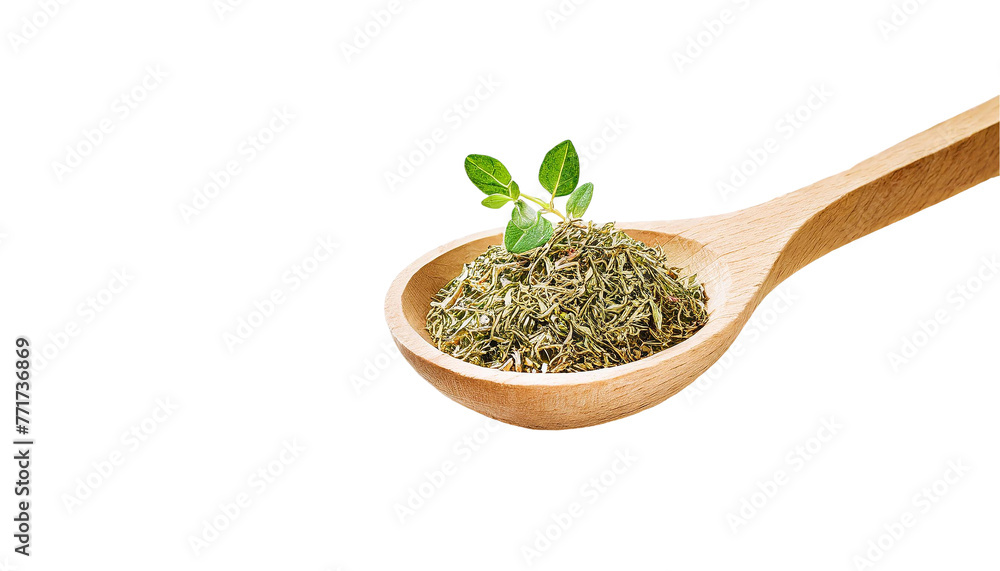 Dry thyme leaf in wooden spoon, isolated on transparent background. Dry thyme leaf in wooden spoon, isolated on transparent background.