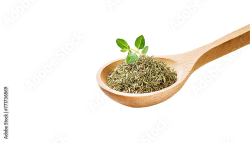 Dry thyme leaf in wooden spoon, isolated on transparent background.