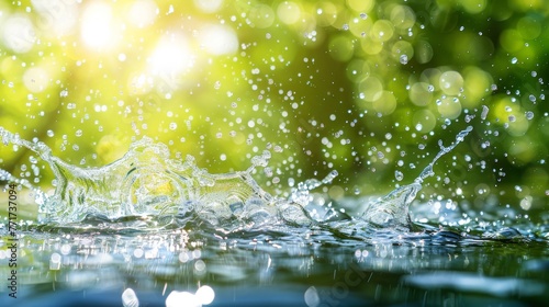  A sharp focus of water droplets hitting a water body against a backdrop of lush green foliage