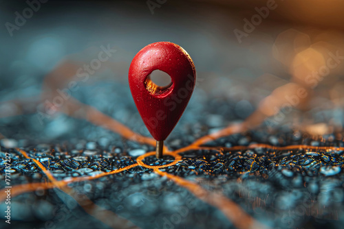 Red pin is placed on a map, indicating a specific location. Concept of direction and purpose photo