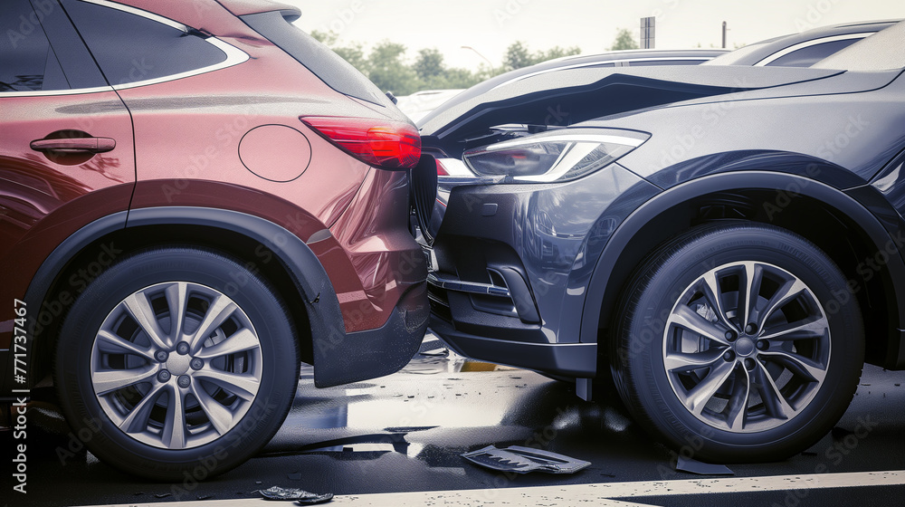 Fototapeta premium Accident between two cars. Cars stand next to each other, side view. Bumpers damaged