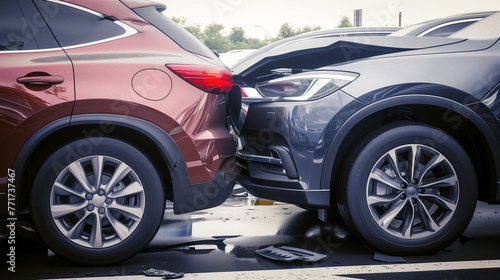 Accident between two cars. Cars stand next to each other, side view. Bumpers damaged © BS.Production
