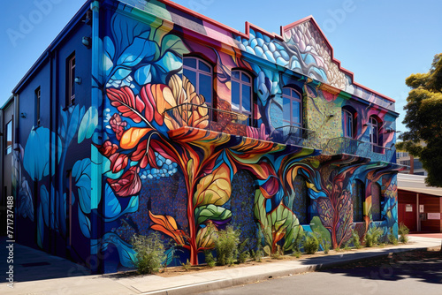 Embark on a visual journey through the vibrant streetscape adorned with a captivating art mural.